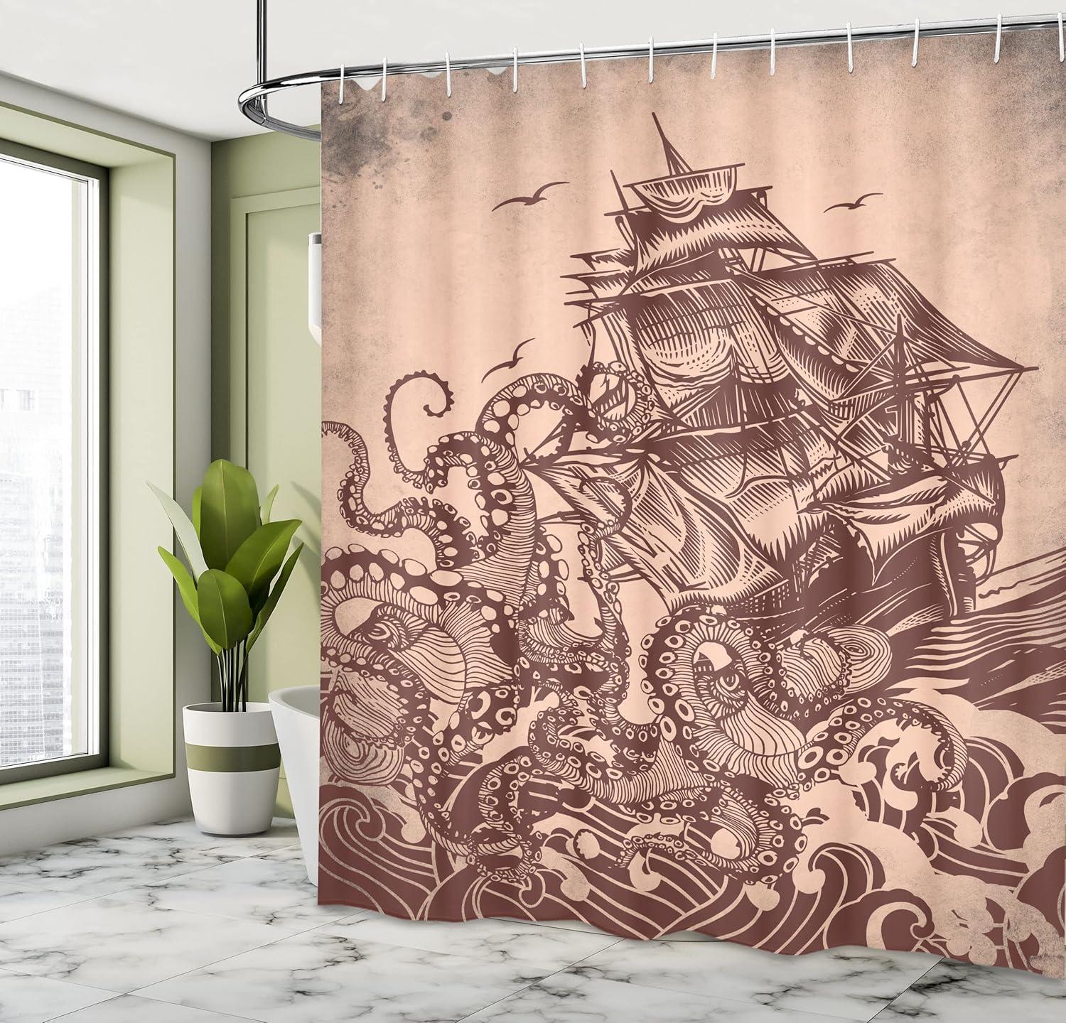 imageAmbesonne Duck Shower Curtain Cartoon Character Taking a Bath Colorful Drops Backdrop Dots Cloth Fabric Bathroom Decor Set with Hooks 69 W x 84 L Soft Blue Sky Blue YellowPastel Brown and Redbrown