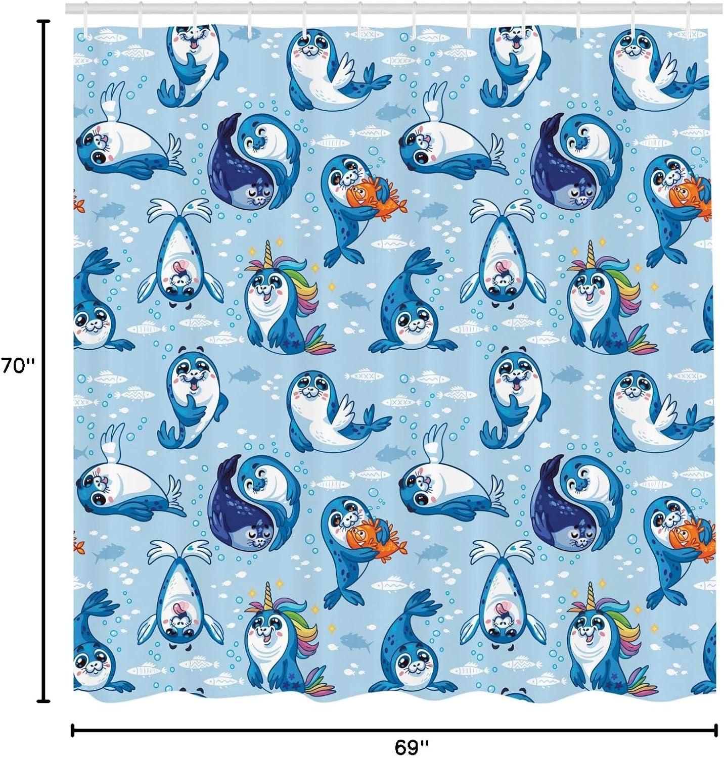 imageAmbesonne Duck Shower Curtain Cartoon Character Taking a Bath Colorful Drops Backdrop Dots Cloth Fabric Bathroom Decor Set with Hooks 69 W x 84 L Soft Blue Sky Blue YellowBlue White Marigold