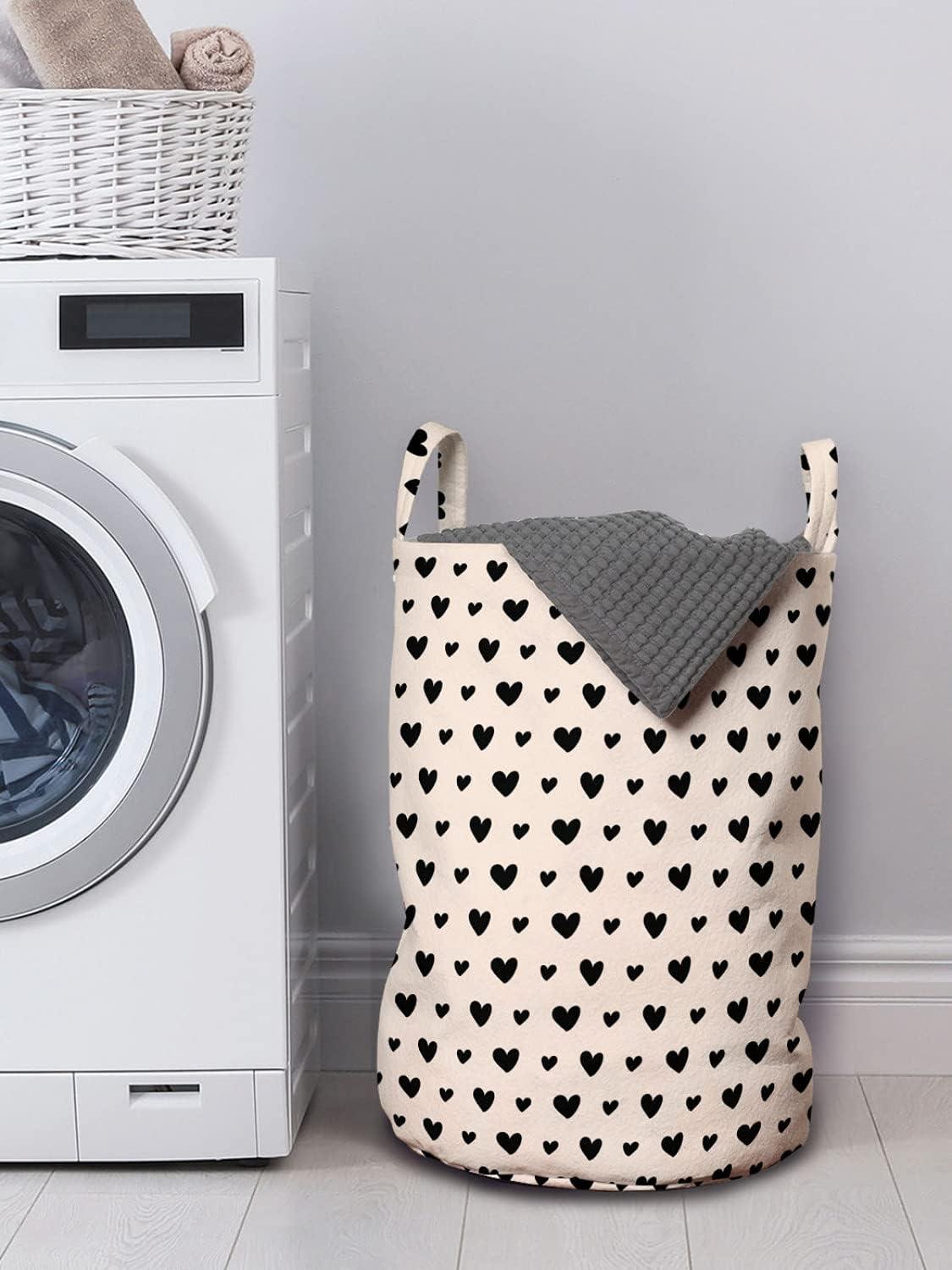 imageAmbesonne Hearts Laundry Bag Valentines Day Theme Hand Drawn Repeated Romantic Modern Love Shapes Pattern Hamper Basket with Handles Drawstring Closure for Laundromats 13 x 19 Champagne Black