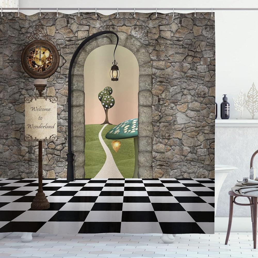 imageAmbesonne Alice in Wonderland Shower Curtain Welcome Wonderland Black and White Floor Landscape Mushroom Print Cloth Fabric Bathroom Decor Set with Hooks 69 W x 75 L Black Green