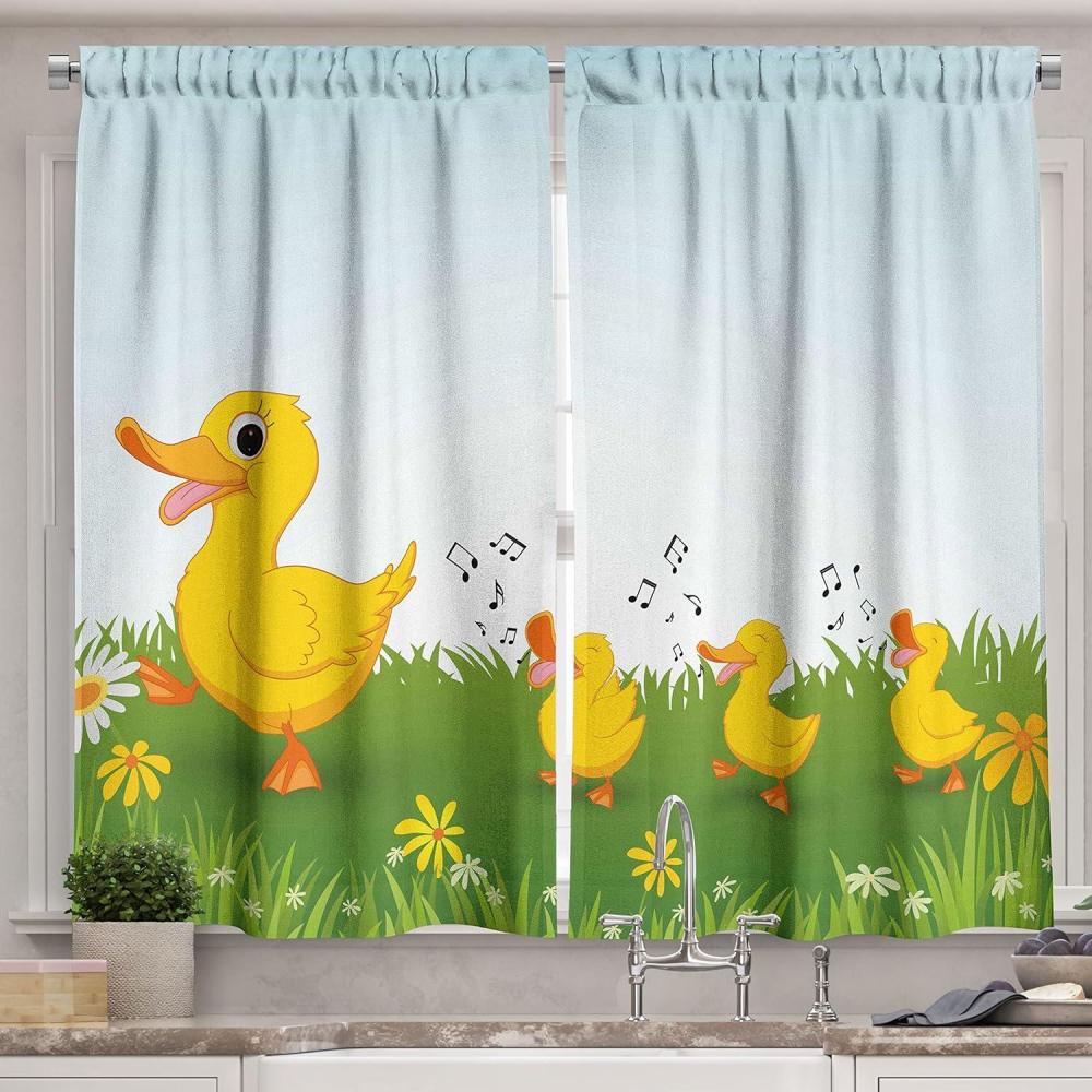 imageAmbesonne Cartoon Kitchen Curtains Mother Duck Babies Walking and Singing on The Meadow Flowers Window Drapes 2 Panel Set for Kitchen Cafe Decor 55 x 39 Mustard Blue