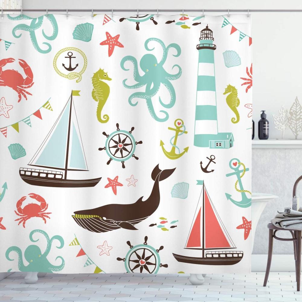 imageAmbesonne Duck Shower Curtain Cartoon Character Taking a Bath Colorful Drops Backdrop Dots Cloth Fabric Bathroom Decor Set with Hooks 69 W x 84 L Soft Blue Sky Blue YellowCoral Turquoise