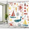Ambesonne Duck Shower Curtain, Cartoon Character Taking a Bath Colorful Drops Backdrop Dots, Cloth Fabric Bathroom Decor Set with Hooks, 69″ W x 84″ L, Soft Blue Sky Blue Yellow(Red Mustard)