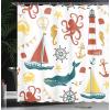 Ambesonne Duck Shower Curtain, Cartoon Character Taking a Bath Colorful Drops Backdrop Dots, Cloth Fabric Bathroom Decor Set with Hooks, 69″ W x 84″ L, Soft Blue Sky Blue Yellow(Red Mustard)