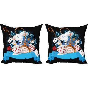 Ambesonne Alice in Wonderland Throw Pillow Cushion Cover Pack of 2, Rabbit Motion Cups Hearts and Flower Character Alice Cartoon Style, Zippered Double-Side Digital Print Decor, 18″, Black Blue(Black Blue)