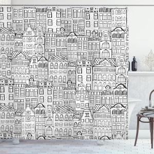 Ambesonne Amsterdam Shower Curtain, Monochrome Style Cartoon Drawing of Historic Houses Clutter City Town, Cloth Fabric Bathroom Decor Set with Hooks, 69″ W x 70″ L, Charcoal White