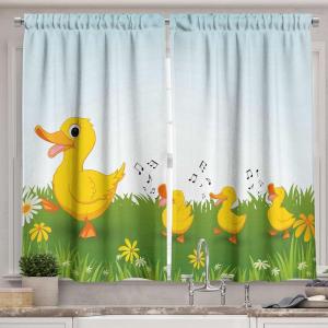 Ambesonne Cartoon Kitchen Curtains, Mother Duck Babies Walking and Singing on The Meadow Flowers, Window Drapes 2 Panel Set for Kitchen Cafe Decor, 55″ x 39″, Mustard Blue