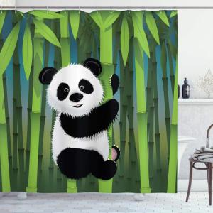 Ambesonne Cartoon Shower Curtain, Curious Panda on an Exotic Branch Asian Bear Jungle Woods Illustration, Cloth Fabric Bathroom Decor Set with Hooks, 69″ W x 75″ L, Fern Green White Black(Fern Green White Black)