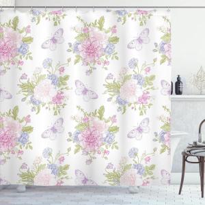 Ambesonne Cartoon Shower Curtain, Jolly Frog with Greater Eye Lizard Gecko Smily Childish Funny Cartoon Artwork, Cloth Fabric Bathroom Decor Set with Hooks, 69″ W x 70″ L, Green Fern(Pink Purple)
