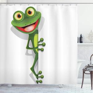 Ambesonne Cartoon Shower Curtain, Jolly Frog with Greater Eye Lizard Gecko Smily Childish Funny Cartoon Artwork, Cloth Fabric Bathroom Decor Set with Hooks, 69″ W x 70″ L, Green Fern(Green Fern)