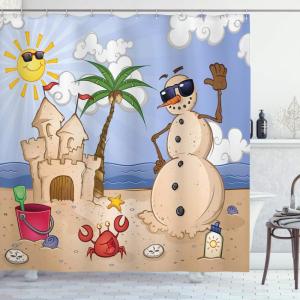 Ambesonne Cartoon Shower Curtain, Sand Snowman Castle Crab Seashell on Tropical Beach Enjoying Sun Cartoon Print, Cloth Fabric Bathroom Decor Set with Hooks, 69″ W x 75″ L, Sand Green(69″W x 84″L (Pack of 1))