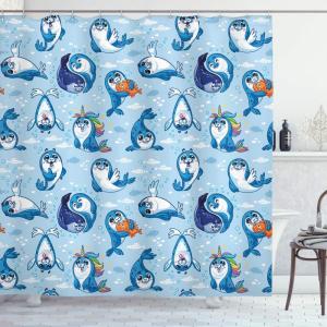 Ambesonne Duck Shower Curtain, Cartoon Character Taking a Bath Colorful Drops Backdrop Dots, Cloth Fabric Bathroom Decor Set with Hooks, 69″ W x 84″ L, Soft Blue Sky Blue Yellow(Blue White Marigold)