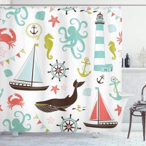 Ambesonne Duck Shower Curtain, Cartoon Character Taking a Bath Colorful Drops Backdrop Dots, Cloth Fabric Bathroom Decor Set with Hooks, 69″ W x 84″ L, Soft Blue Sky Blue Yellow(Coral Turquoise)