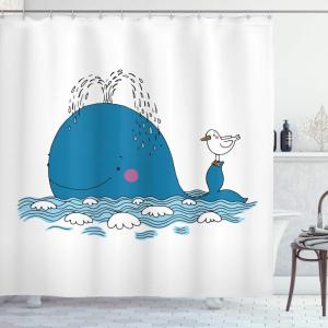 Ambesonne Duck Shower Curtain, Cartoon Character Taking a Bath Colorful Drops Backdrop Dots, Cloth Fabric Bathroom Decor Set with Hooks, 69″ W x 84″ L, Soft Blue Sky Blue Yellow(Blue and White)