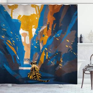Ambesonne Duck Shower Curtain, Cartoon Character Taking a Bath Colorful Drops Backdrop Dots, Cloth Fabric Bathroom Decor Set with Hooks, 69″ W x 84″ L, Soft Blue Sky Blue Yellow(Orange and Blue)