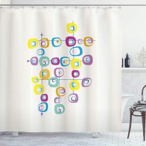 Ambesonne Duck Shower Curtain, Cartoon Character Taking a Bath Colorful Drops Backdrop Dots, Cloth Fabric Bathroom Decor Set with Hooks, 69″ W x 84″ L, Soft Blue Sky Blue Yellow(Ivory Purple Yellow)