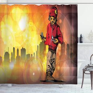 Ambesonne Duck Shower Curtain, Cartoon Character Taking a Bath Colorful Drops Backdrop Dots, Cloth Fabric Bathroom Decor Set with Hooks, 69″ W x 84″ L, Soft Blue Sky Blue Yellow(Marigold Ruby)