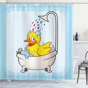 Ambesonne Duck Shower Curtain, Cartoon Character Taking a Bath Colorful Drops Backdrop Dots, Cloth Fabric Bathroom Decor Set with Hooks, 69″ W x 84″ L, Soft Blue Sky Blue Yellow(Soft Blue Sky Blue Yellow)