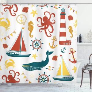 Ambesonne Duck Shower Curtain, Cartoon Character Taking a Bath Colorful Drops Backdrop Dots, Cloth Fabric Bathroom Decor Set with Hooks, 69″ W x 84″ L, Soft Blue Sky Blue Yellow(Red Mustard)