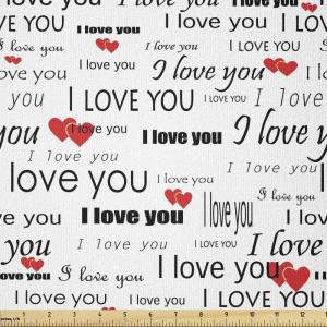 Ambesonne I Love You Fabric by The Yard, Hand Writing with Infinity Romantic Red Hearts Valentines Day Theme, Stretch Knit Fabric for Clothing Sewing and Arts Crafts, 1 Yard, Black and White(Vermilion White)