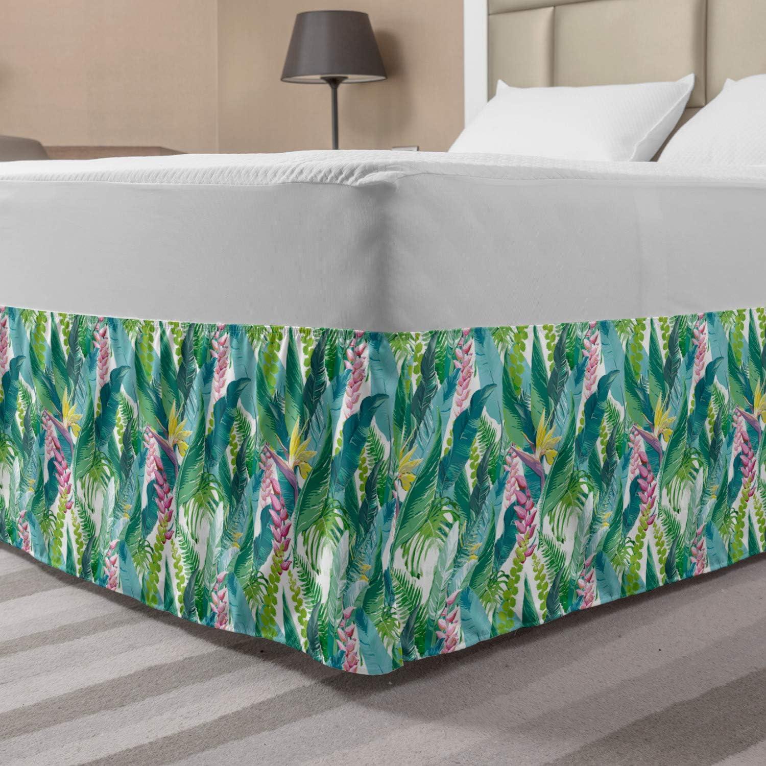 imageAmbesonne Christmas Elastic Bed Skirt Tree Branches Spruce Leaves Balls Bells Cones Poinsettia Flowers Mistletoe Berry Wrap Around Fabric Bedskirt Dust Ruffle for Bedroom King Ruby GreenGreen Pink