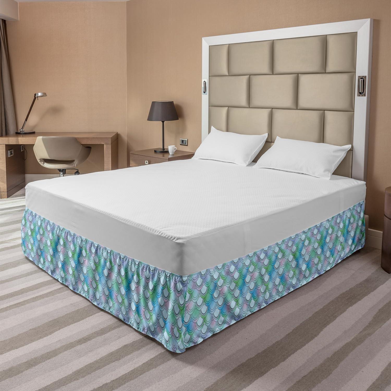 imageAmbesonne Christmas Elastic Bed Skirt Tree Branches Spruce Leaves Balls Bells Cones Poinsettia Flowers Mistletoe Berry Wrap Around Fabric Bedskirt Dust Ruffle for Bedroom King Ruby GreenTurquoise Blue