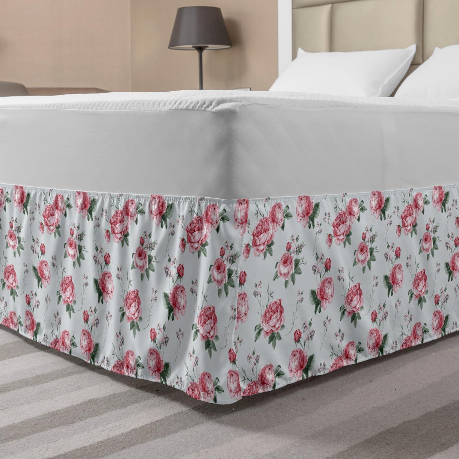 imageAmbesonne Christmas Elastic Bed Skirt Tree Branches Spruce Leaves Balls Bells Cones Poinsettia Flowers Mistletoe Berry Wrap Around Fabric Bedskirt Dust Ruffle for Bedroom King Ruby GreenRose Pink