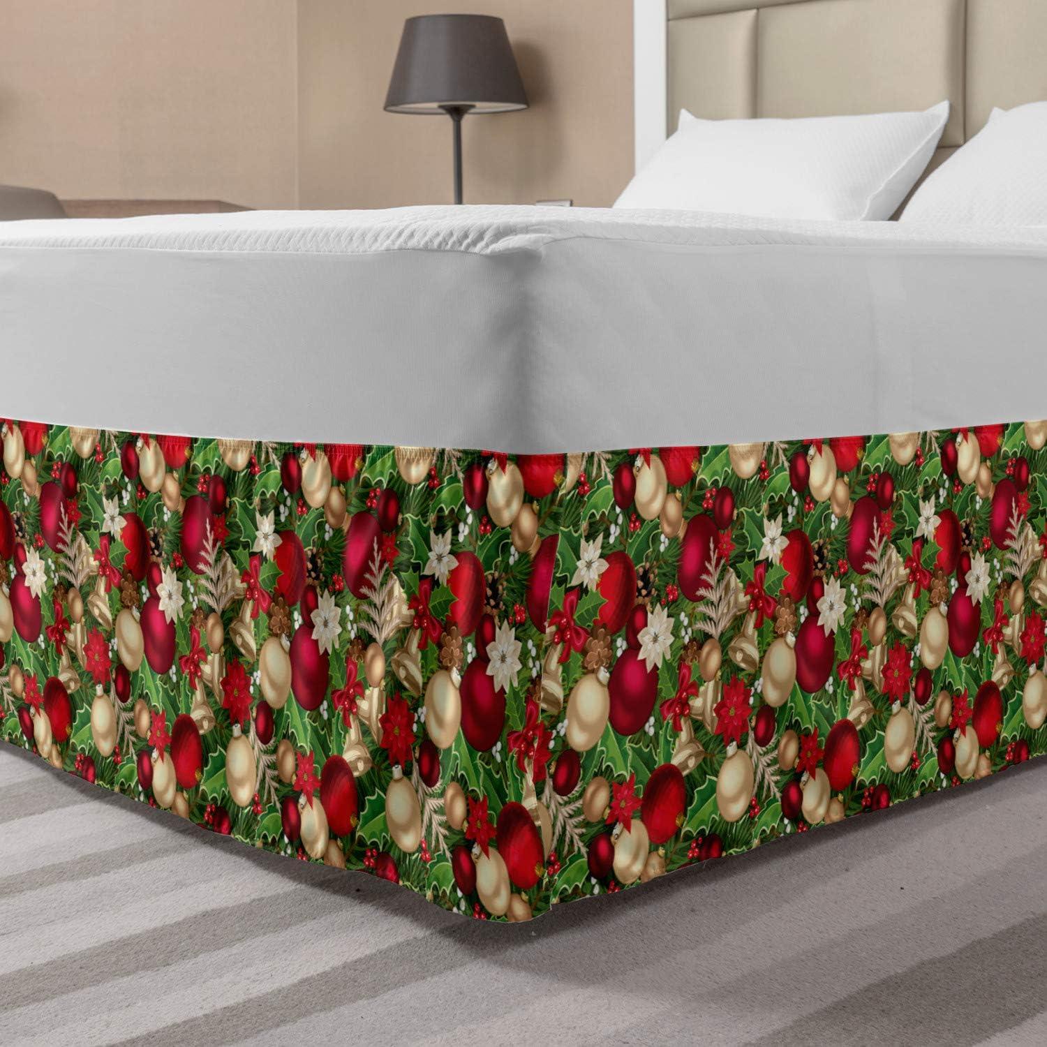imageAmbesonne Christmas Elastic Bed Skirt Tree Branches Spruce Leaves Balls Bells Cones Poinsettia Flowers Mistletoe Berry Wrap Around Fabric Bedskirt Dust Ruffle for Bedroom King Ruby GreenRuby Green