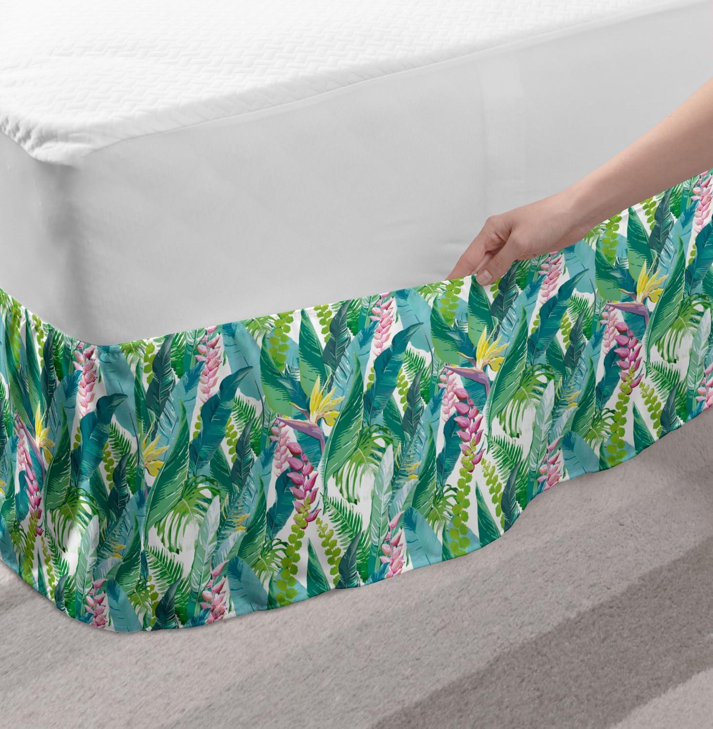 imageAmbesonne Christmas Elastic Bed Skirt Tree Branches Spruce Leaves Balls Bells Cones Poinsettia Flowers Mistletoe Berry Wrap Around Fabric Bedskirt Dust Ruffle for Bedroom King Ruby GreenGreen Pink