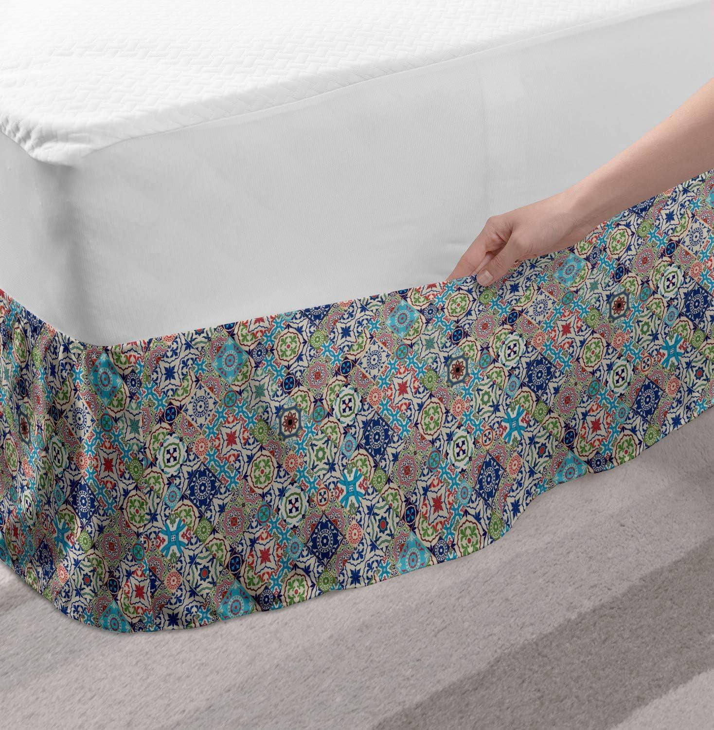 imageAmbesonne Christmas Elastic Bed Skirt Tree Branches Spruce Leaves Balls Bells Cones Poinsettia Flowers Mistletoe Berry Wrap Around Fabric Bedskirt Dust Ruffle for Bedroom King Ruby GreenAqua Blue