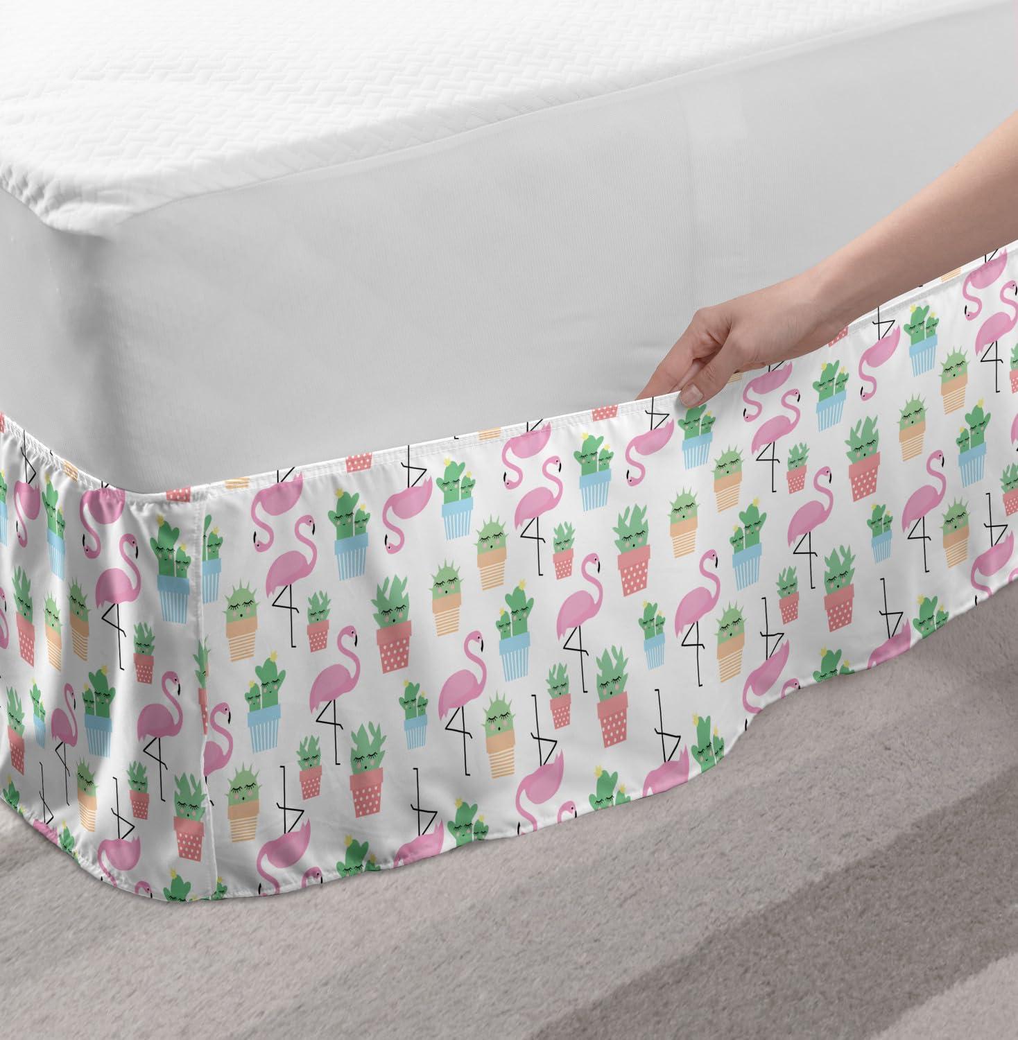 imageAmbesonne Christmas Elastic Bed Skirt Tree Branches Spruce Leaves Balls Bells Cones Poinsettia Flowers Mistletoe Berry Wrap Around Fabric Bedskirt Dust Ruffle for Bedroom King Ruby GreenPink Green