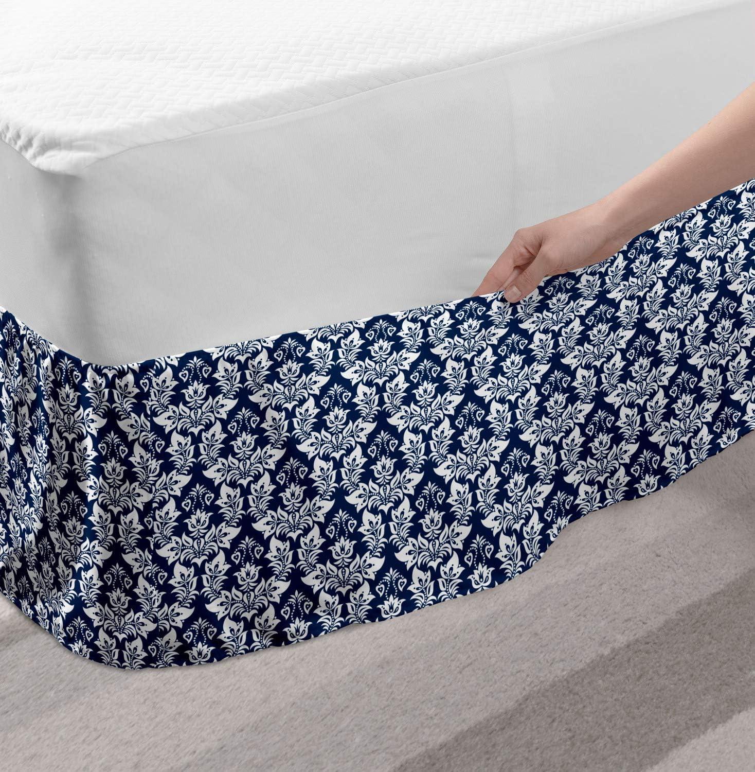 imageAmbesonne Christmas Elastic Bed Skirt Tree Branches Spruce Leaves Balls Bells Cones Poinsettia Flowers Mistletoe Berry Wrap Around Fabric Bedskirt Dust Ruffle for Bedroom King Ruby GreenPetrol Blue