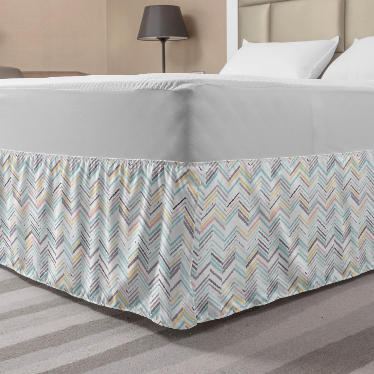 imageAmbesonne Christmas Elastic Bed Skirt Tree Branches Spruce Leaves Balls Bells Cones Poinsettia Flowers Mistletoe Berry Wrap Around Fabric Bedskirt Dust Ruffle for Bedroom King Ruby GreenYellow Teal