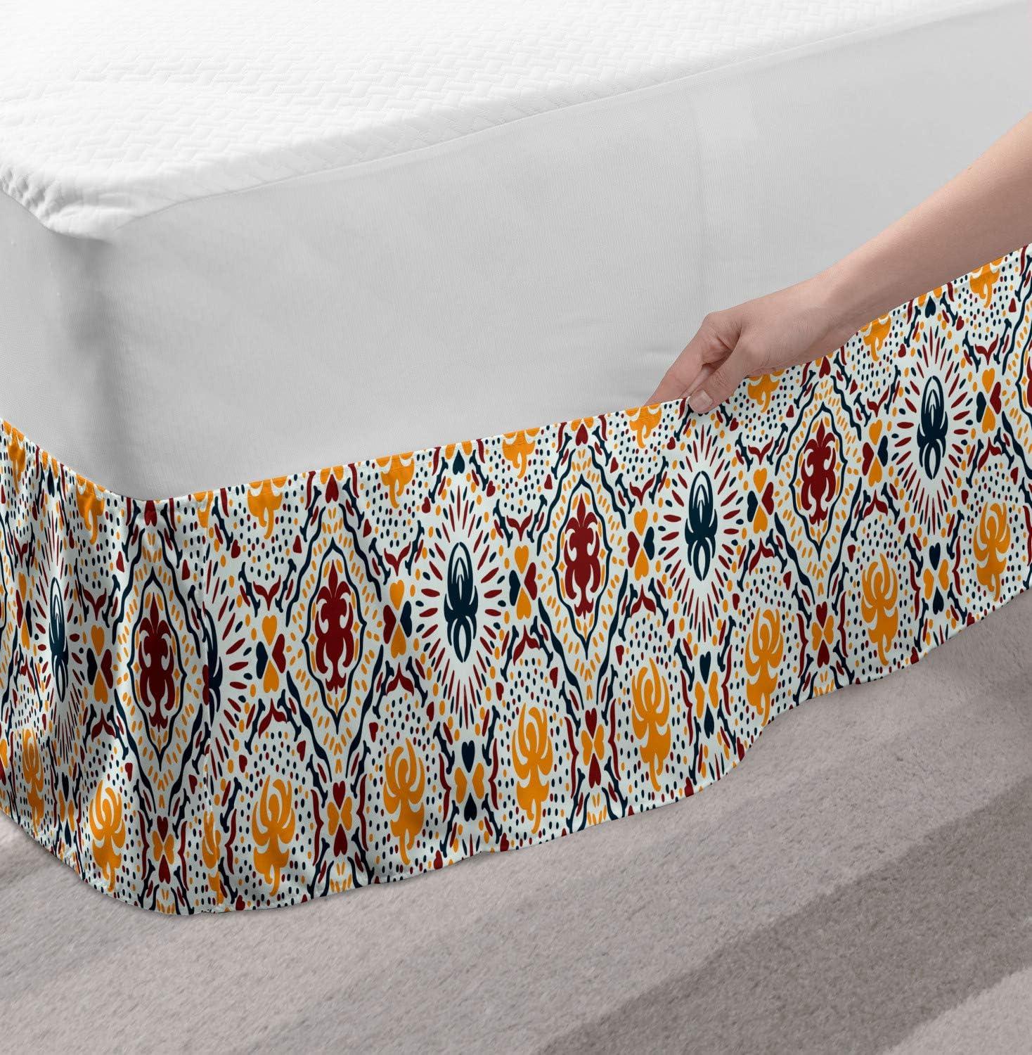 imageAmbesonne Christmas Elastic Bed Skirt Tree Branches Spruce Leaves Balls Bells Cones Poinsettia Flowers Mistletoe Berry Wrap Around Fabric Bedskirt Dust Ruffle for Bedroom King Ruby GreenOrange Burgundy