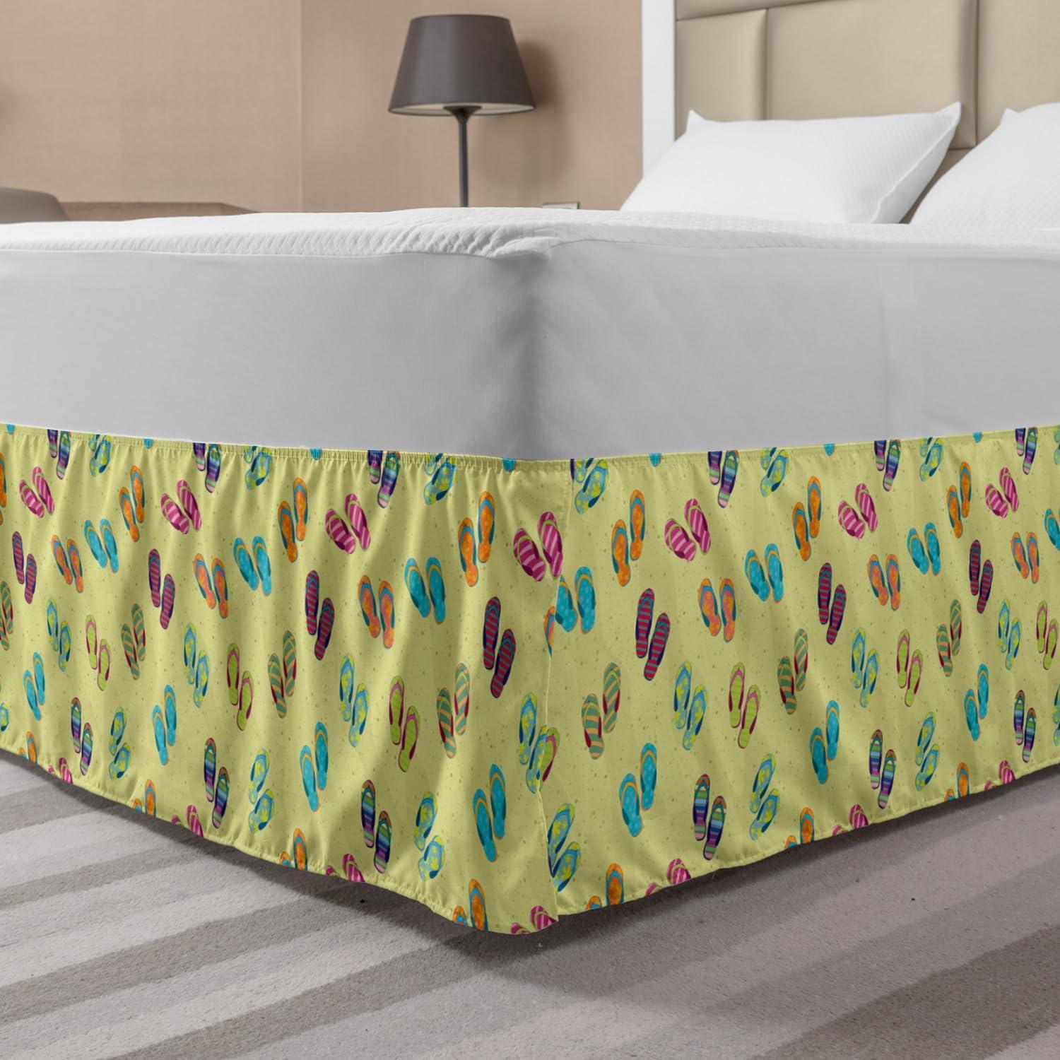 imageAmbesonne Christmas Elastic Bed Skirt Tree Branches Spruce Leaves Balls Bells Cones Poinsettia Flowers Mistletoe Berry Wrap Around Fabric Bedskirt Dust Ruffle for Bedroom King Ruby GreenPale Yellow