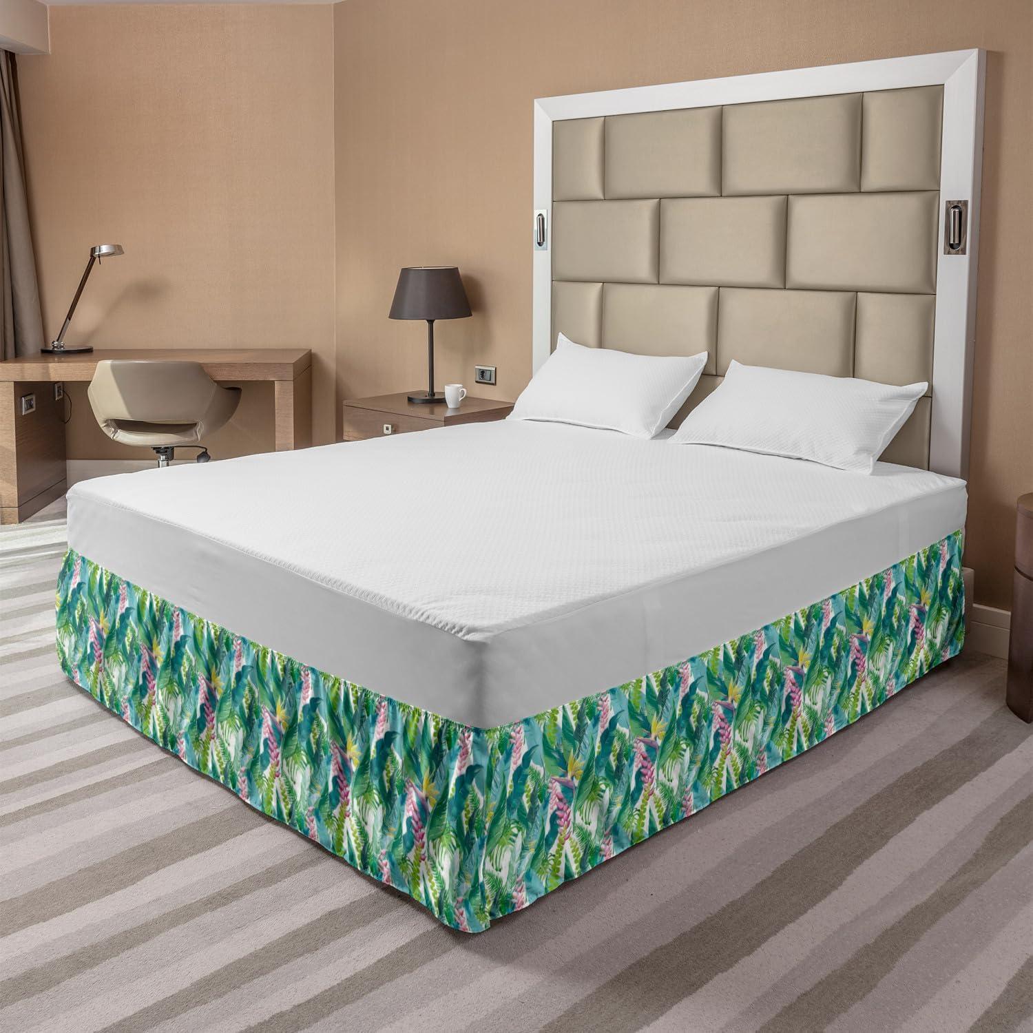 imageAmbesonne Christmas Elastic Bed Skirt Tree Branches Spruce Leaves Balls Bells Cones Poinsettia Flowers Mistletoe Berry Wrap Around Fabric Bedskirt Dust Ruffle for Bedroom King Ruby GreenGreen Pink