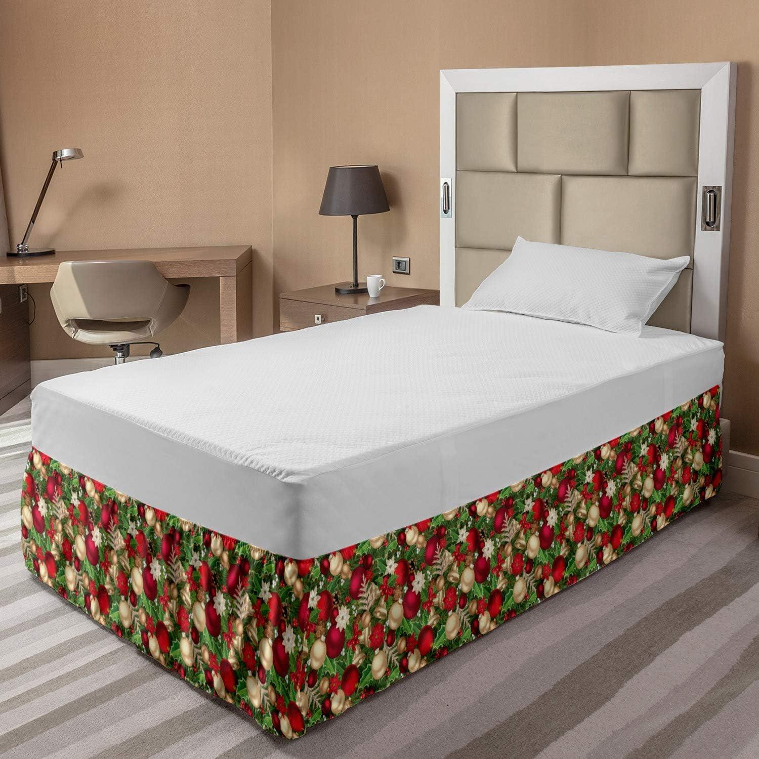 imageAmbesonne Christmas Elastic Bed Skirt Tree Branches Spruce Leaves Balls Bells Cones Poinsettia Flowers Mistletoe Berry Wrap Around Fabric Bedskirt Dust Ruffle for Bedroom King Ruby GreenRuby Green