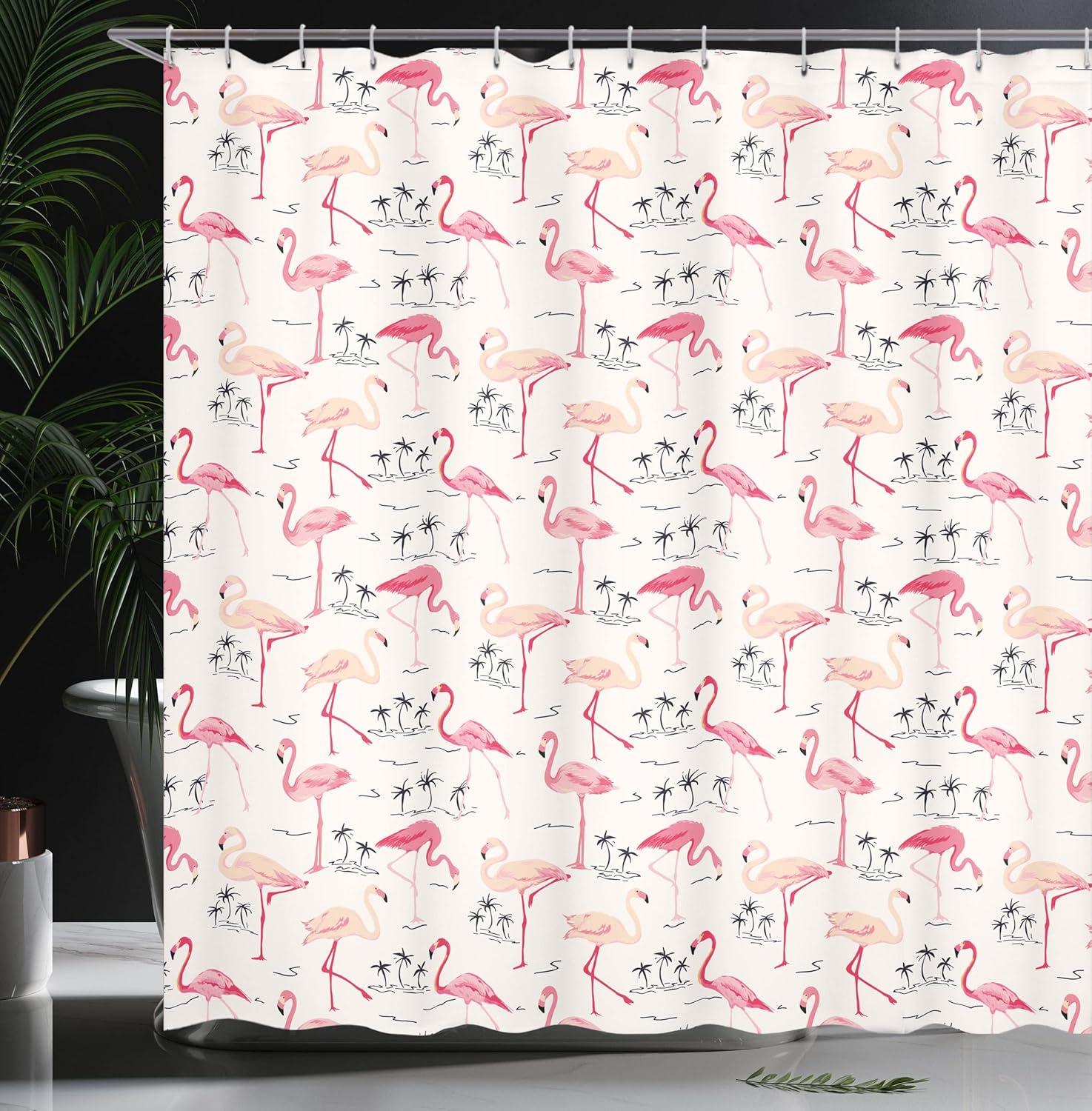 imageAmbesonne Flamingo Shower Curtain Flamingos in Vintage Style Illustration Love and Romantic Animals Art Print Cloth Fabric Bathroom Decor Set with Hooks 69 W x 70 L Beige Pink