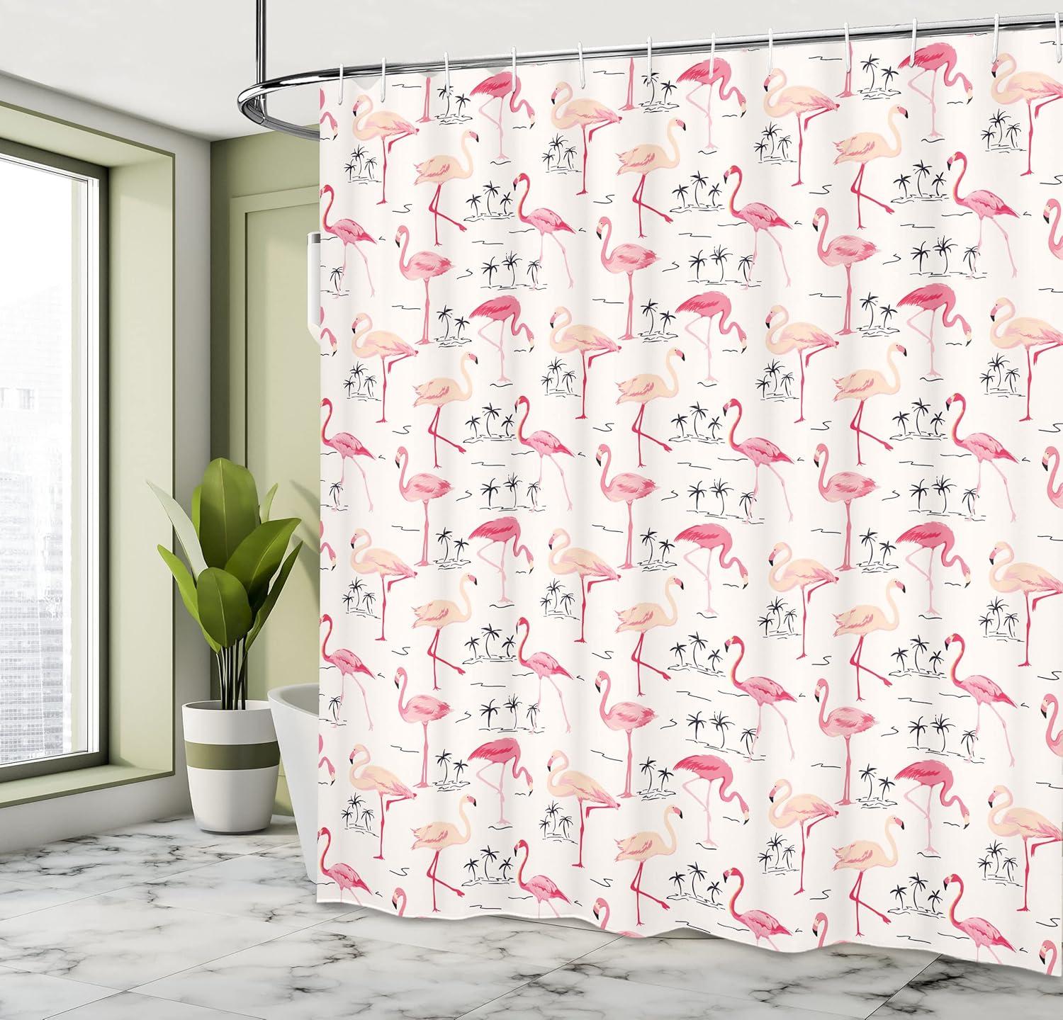 imageAmbesonne Flamingo Shower Curtain Flamingos in Vintage Style Illustration Love and Romantic Animals Art Print Cloth Fabric Bathroom Decor Set with Hooks 69 W x 70 L Beige Pink