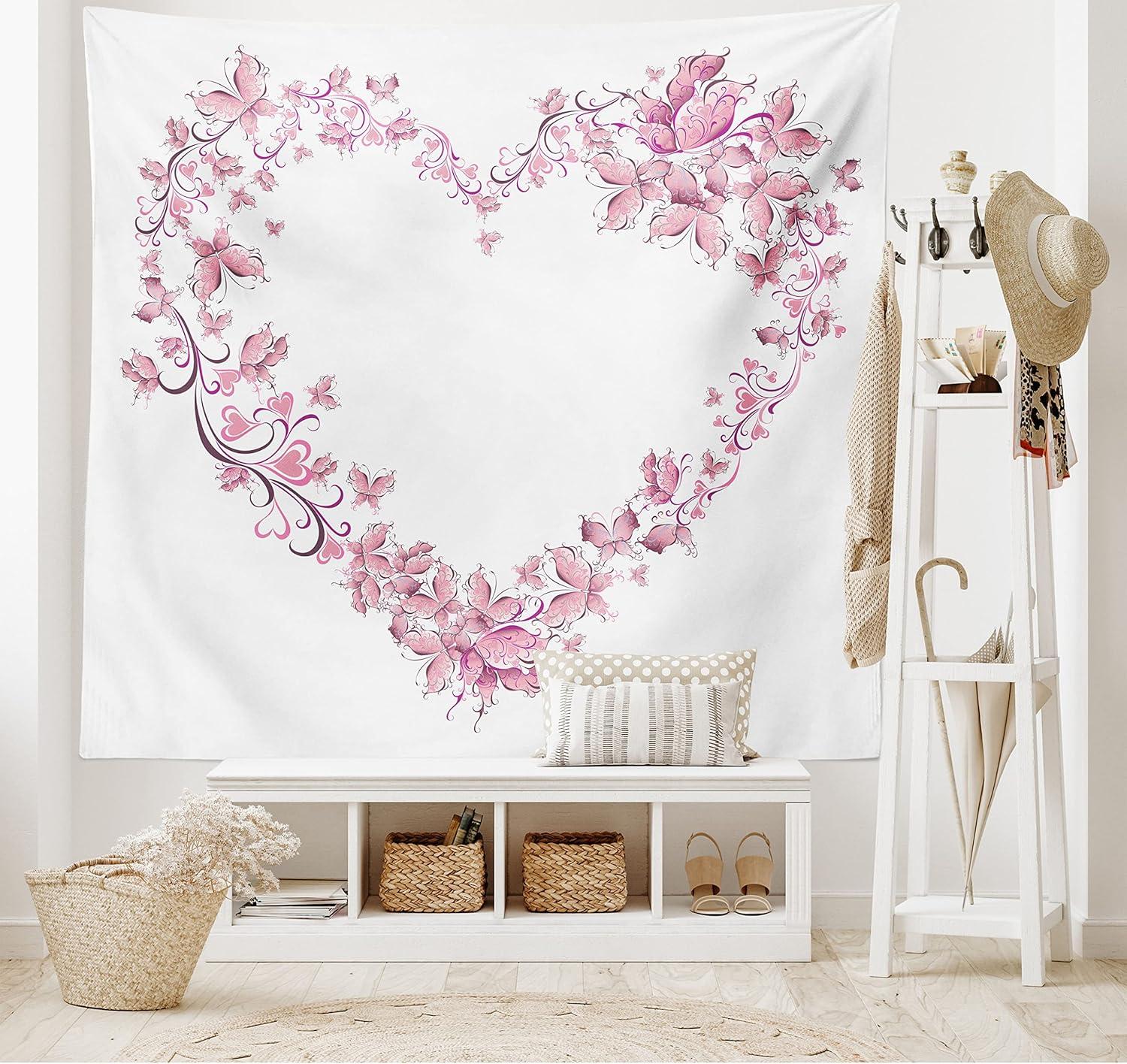imageAmbesonne Love Tapestry Floral Love Romantic Shape Heart of Butterflies Valentines Day Flowers Ornamental Wide Wall Hanging for Bedroom Living Room Dorm 80 X 60 White RoseSilky Satin Fabric