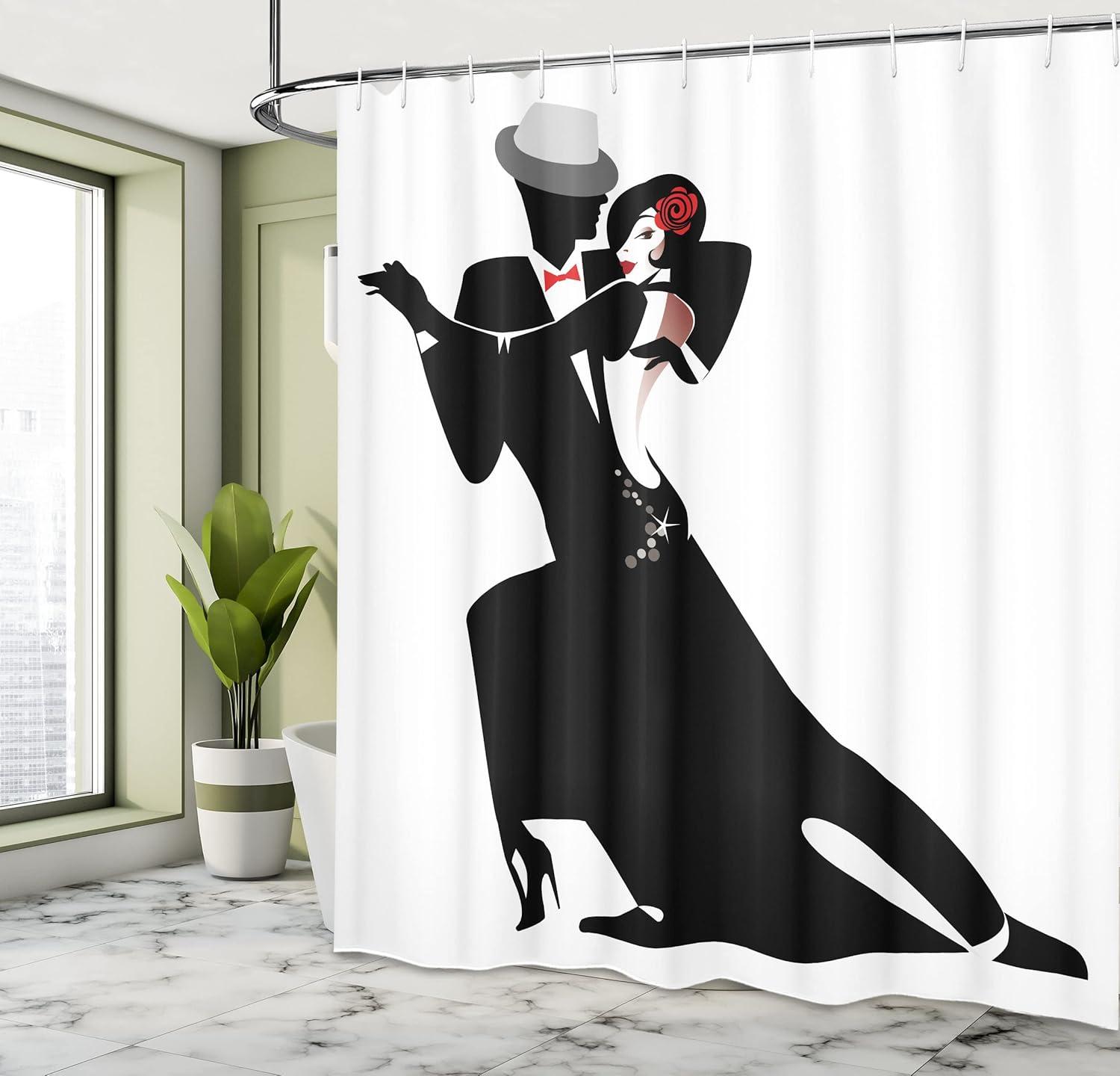 imageAmbesonne Retro Shower Curtain Man and Woman Partners Romantic Dance Tango Waltz Lovers in Rhythmic Music Art Print Cloth Fabric Bathroom Decor Set with Hooks 69 W x 75 L White Black