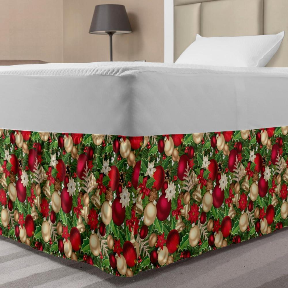imageAmbesonne Christmas Elastic Bed Skirt Tree Branches Spruce Leaves Balls Bells Cones Poinsettia Flowers Mistletoe Berry Wrap Around Fabric Bedskirt Dust Ruffle for Bedroom King Ruby GreenRuby Green