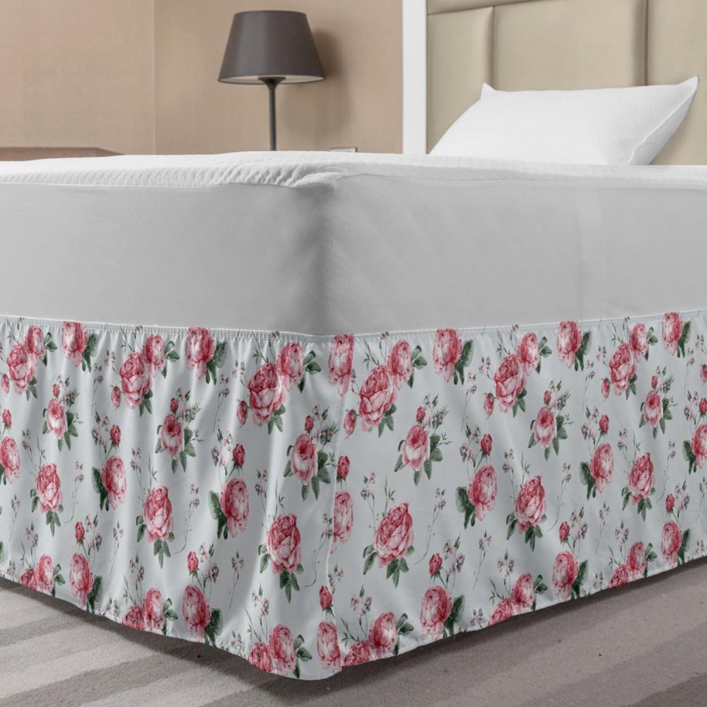 imageAmbesonne Christmas Elastic Bed Skirt Tree Branches Spruce Leaves Balls Bells Cones Poinsettia Flowers Mistletoe Berry Wrap Around Fabric Bedskirt Dust Ruffle for Bedroom King Ruby GreenRose Pink