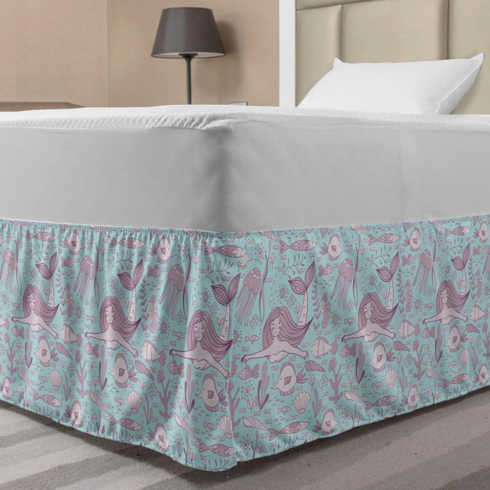 imageAmbesonne Christmas Elastic Bed Skirt Tree Branches Spruce Leaves Balls Bells Cones Poinsettia Flowers Mistletoe Berry Wrap Around Fabric Bedskirt Dust Ruffle for Bedroom King Ruby GreenBlue Grey