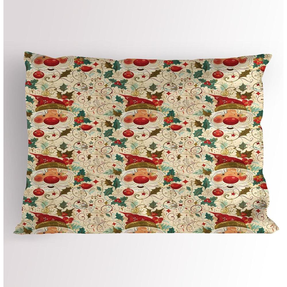 imageAmbesonne Christmas Pillow Sham Santa Claus and Traditional Xmas Leaves Vintage Illustration Print Decorative Standard Size Printed Pillowcase 26 X 20 Beige Ruby and Green