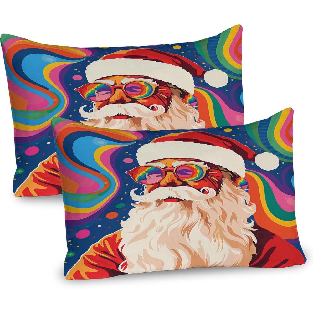 imageAmbesonne Christmas Pillow Sham Set of 2 Psychedelic Xmas with Santa Claus with Glasses and Colorful Background Quality Microfiber Bedding Item for All Seasons 30 x 20 Purple and Multicolor