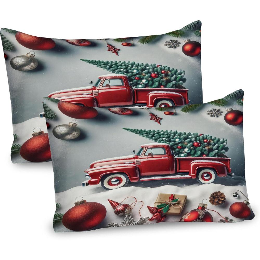 imageAmbesonne Christmas Pillow Sham Set of 2 Vintage Red Truck with a Pine Tree and Holiday Season Ornaments Snowy Winter Quality Microfiber Bedding Item for All Seasons 30 x 20 Grey Teal Ruby