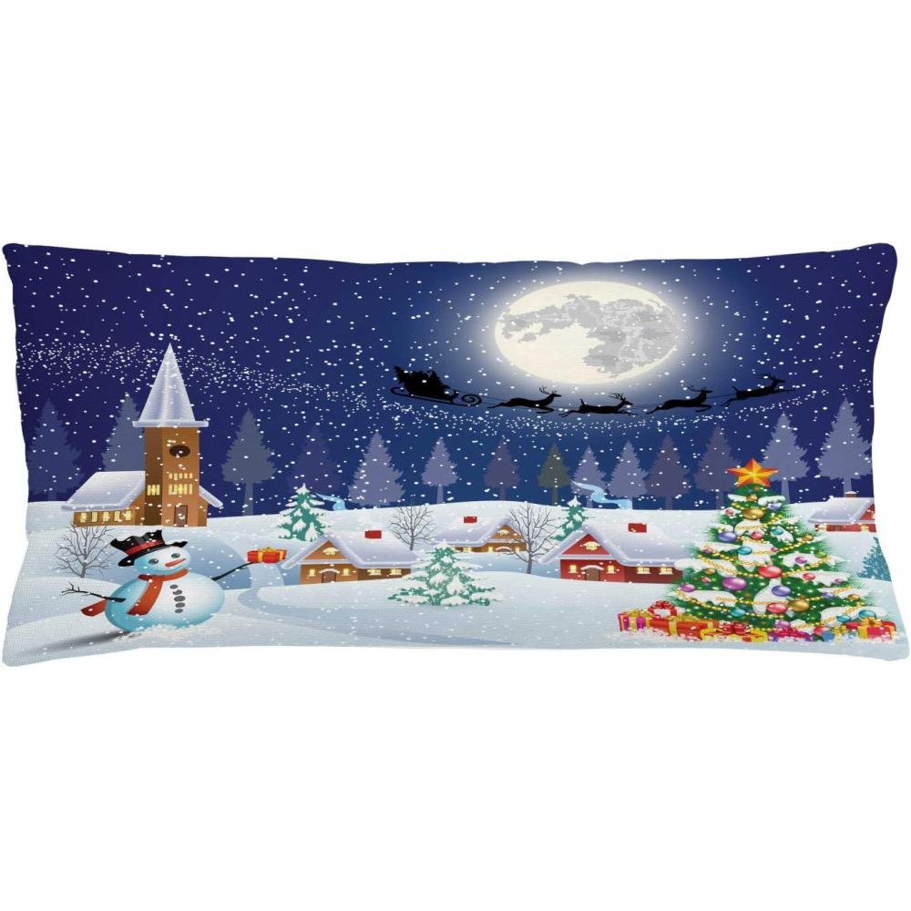 imageAmbesonne Christmas Throw Pillow Cushion Cover Winter Season Snowman Xmas Tree Santa Sleigh Moon Present Boxes Snow and Stars Decorative Rectangle Accent Pillow Case 36 X 16 White Blue