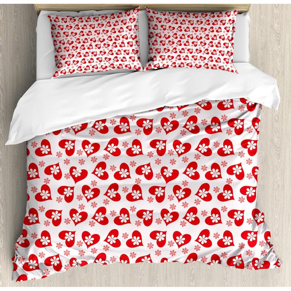 imageAmbesonne Valentines Duvet Cover Set Romantic Feelings Illustration with Hearts and Flowers Valentines Day Decorative 3 Piece Bedding Set with 2 Pillow Shams King Size Dark Coral WhiteDark Coral White