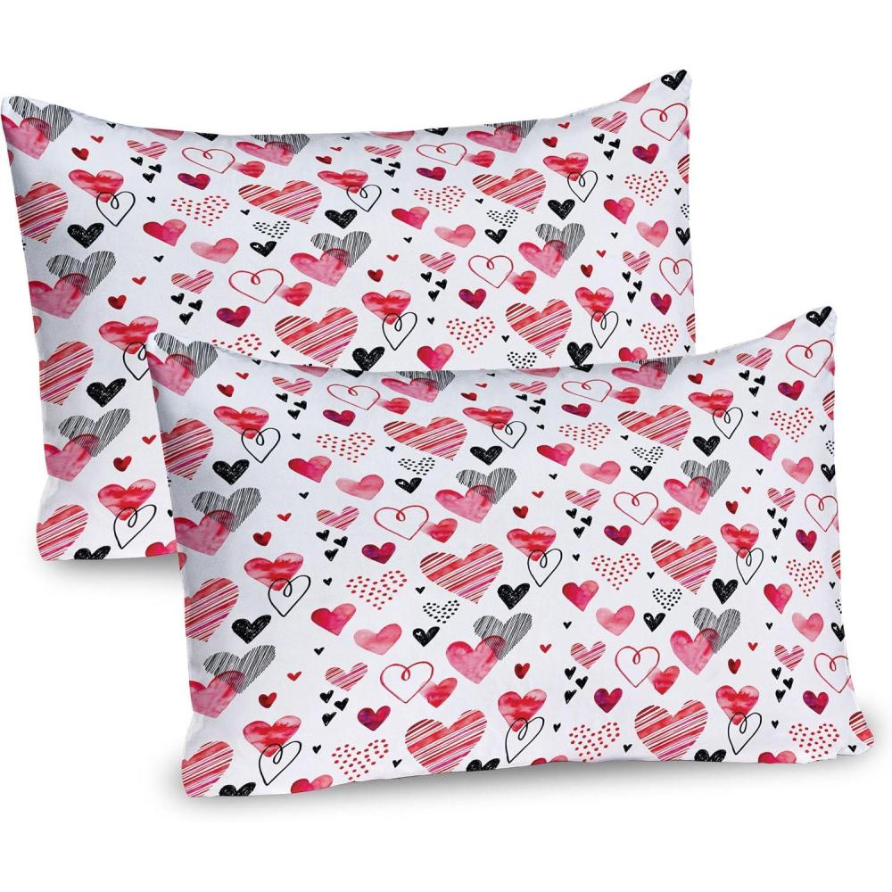 imageAmbesonne Valentines Pillow Sham Set of 2 Doodle Style Hearts with Different Designs Romantic Inspirations for Art Quality Microfiber Bedding Item for All Seasons 26 X 20 Black Red Pink